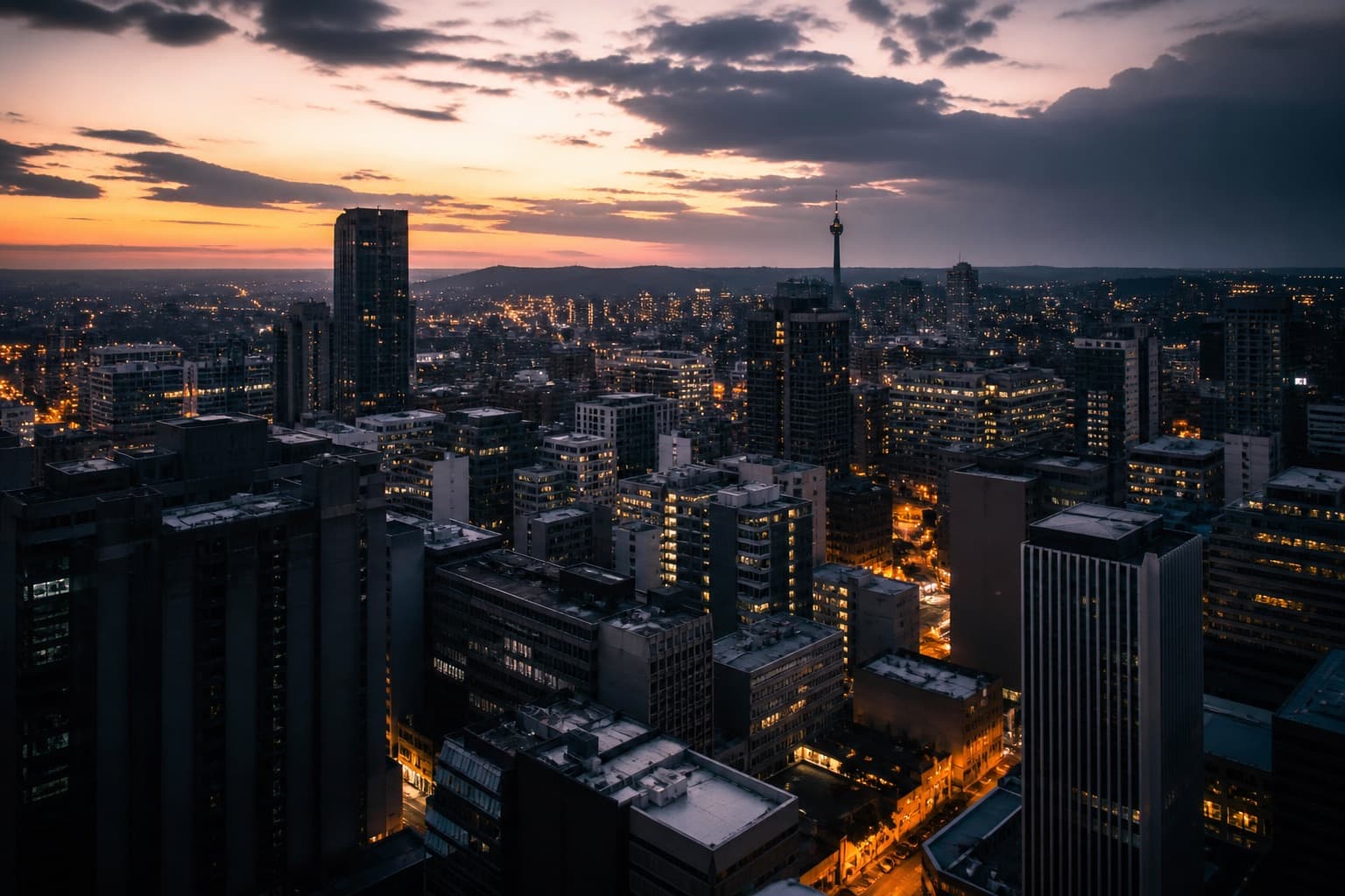 Johannesburg cityscape at dusk across a dense urban skyline